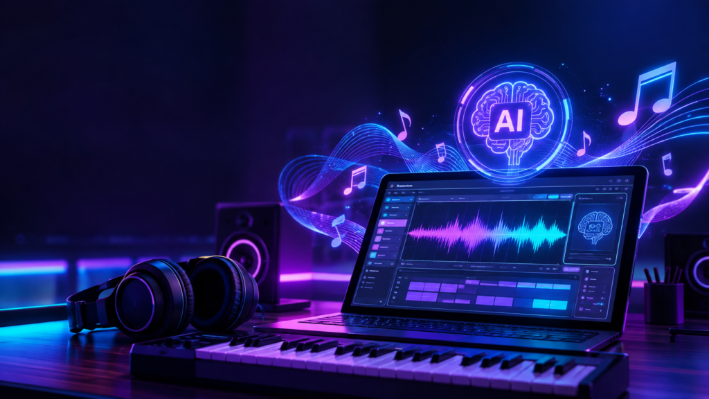 Best AI music generators for content creators 2026 - AI Shortcut LAB blog featured image showing futuristic music studio with glowing keyboard, floating musical notes, sound waves, and AI holographic icon