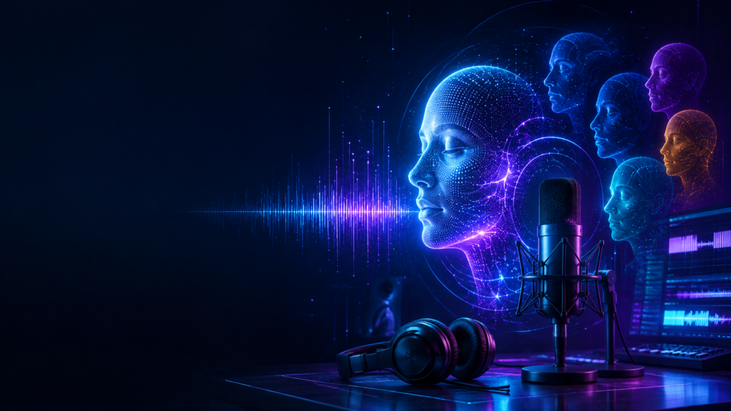 Best AI voice cloning tools for podcasters 2026 - AI Shortcut LAB blog featured image showing a futuristic audio studio with glowing microphone, holographic voice clones, and sound waves