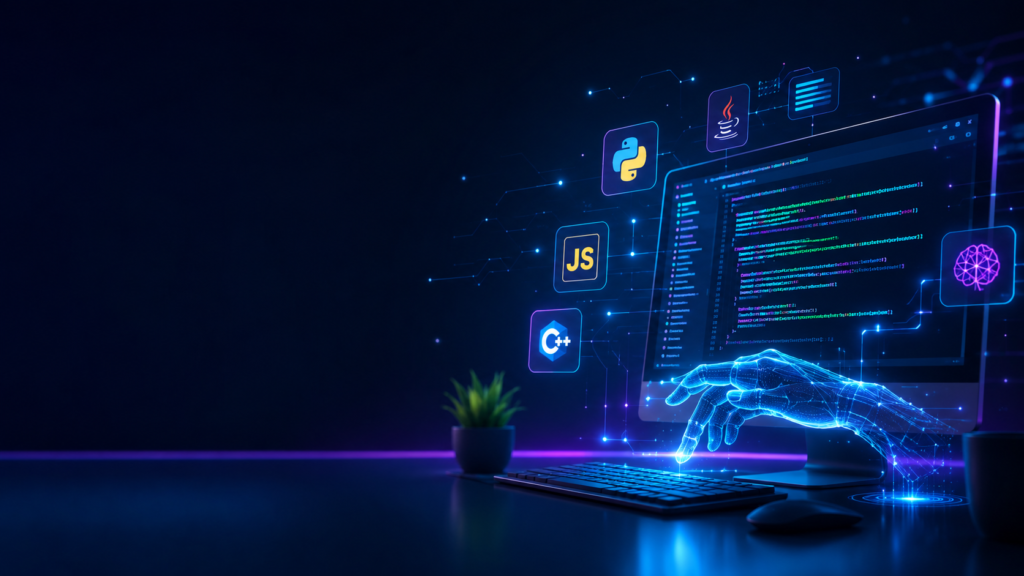 Best AI coding assistants 2026 - AI Shortcut LAB blog featured image showing a futuristic coding workspace with glowing monitor, code lines, and AI holographic hand