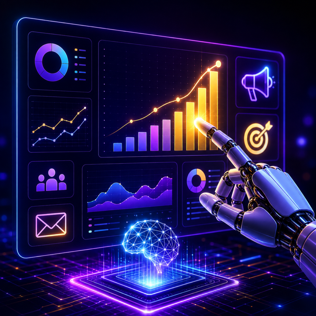 Best AI marketing tools 2026 - AI Shortcut LAB blog featured image showing a futuristic digital marketing dashboard with holographic screens, analytics, graphs, and AI automation icons