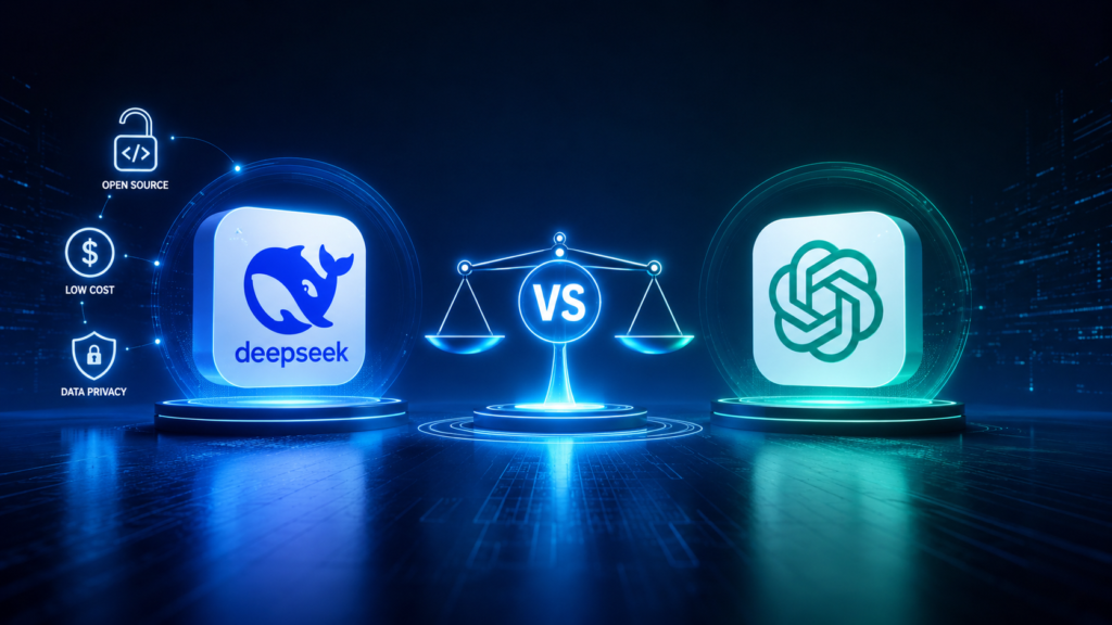 DeepSeek AI vs ChatGPT comparison 2026 - AI Shortcut LAB blog featured image showing DeepSeek icon with open-source, low cost, and privacy icons on blue/cyan background