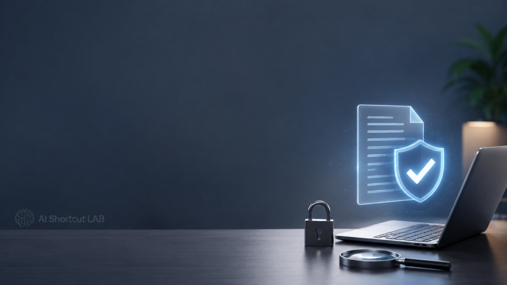 AI Shortcut LAB Privacy Policy page image - laptop with lock icon and shield representing data protection and security
