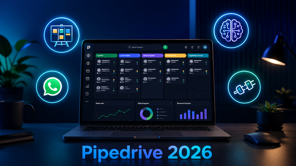 Pipedrive 2026 updates - AI Shortcut LAB blog featured image showing laptop with four floating icons representing Projects, AI Sales Assistant, WhatsApp, and MCP Server