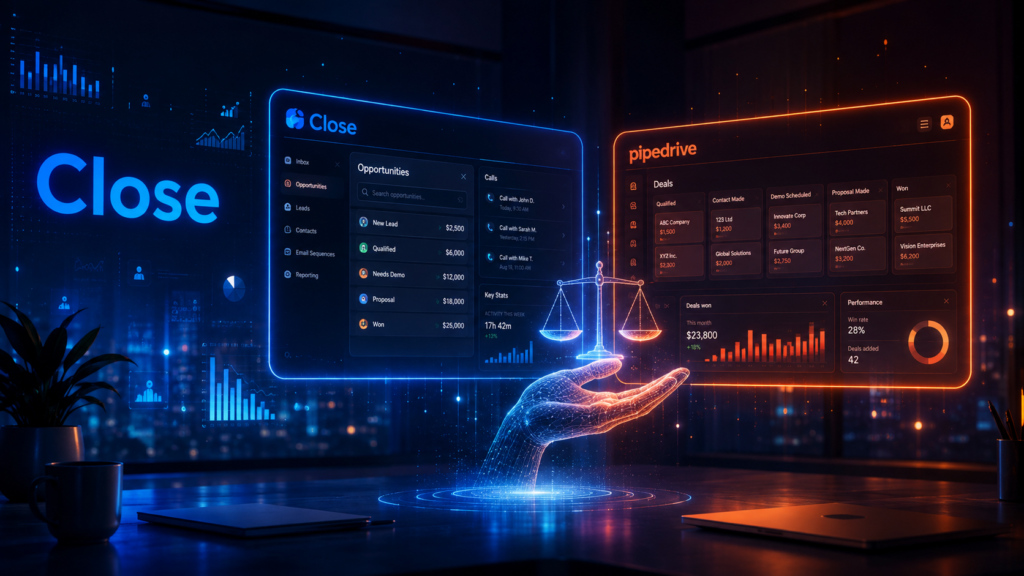 Close vs Pipedrive comparison 2026 - AI Shortcut LAB blog featured image showing a creative showdown between Close CRM and Pipedrive with Close branding