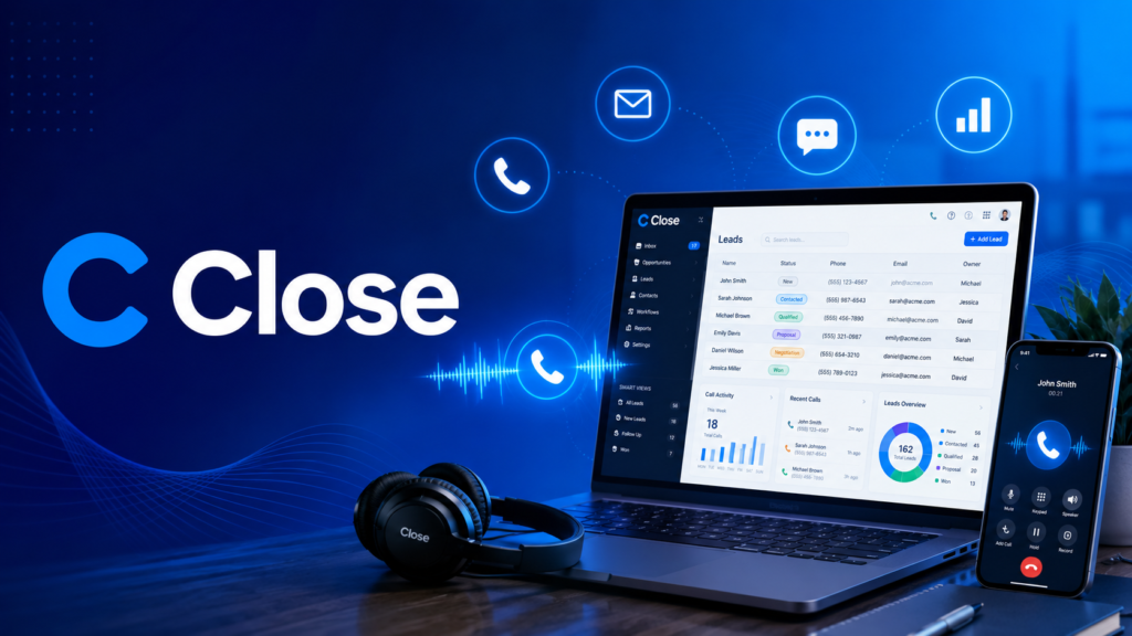 Close.com CRM review 2026 - AI Shortcut LAB blog featured image showing a modern sales workspace with laptop, phone, headset, and Close branding