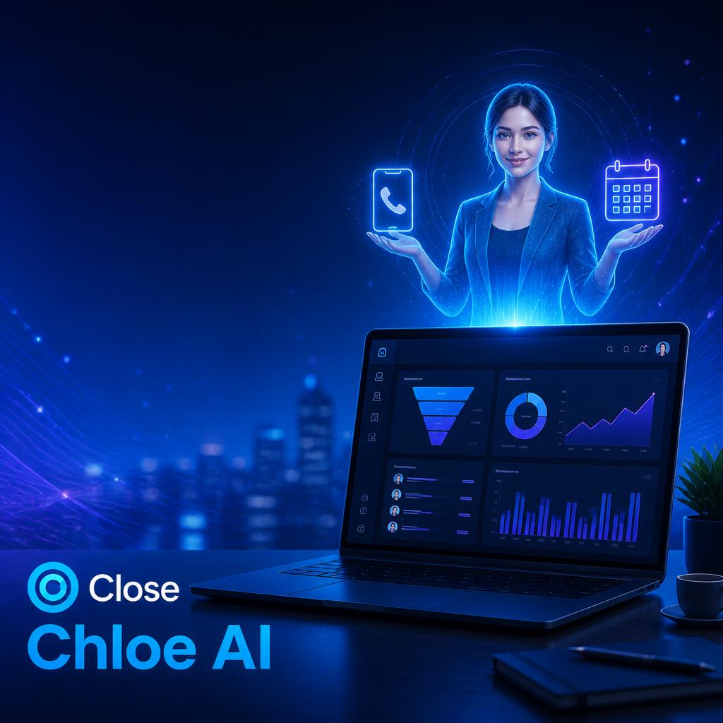 Close.com Chloe AI sales agent 2026 - AI Shortcut LAB blog featured image showing a laptop with AI assistant, sales dashboard, and Close branding