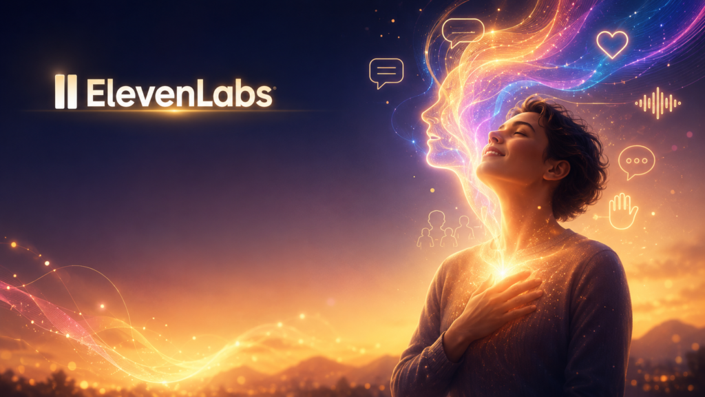 ElevenLabs Impact Program restoring voices and changing lives 2026 - AI Shortcut LAB blog featured image showing a person with glowing voice emerging into sound waves, with ElevenLabs branding
