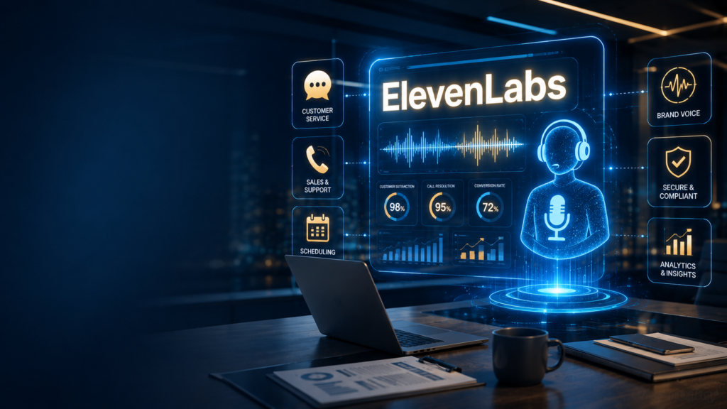 ElevenLabs for business voice agents and brand voice 2026 - AI Shortcut LAB blog featured image showing futuristic corporate environment with holographic AI voice agent icons, customer service metrics, and professional business setting