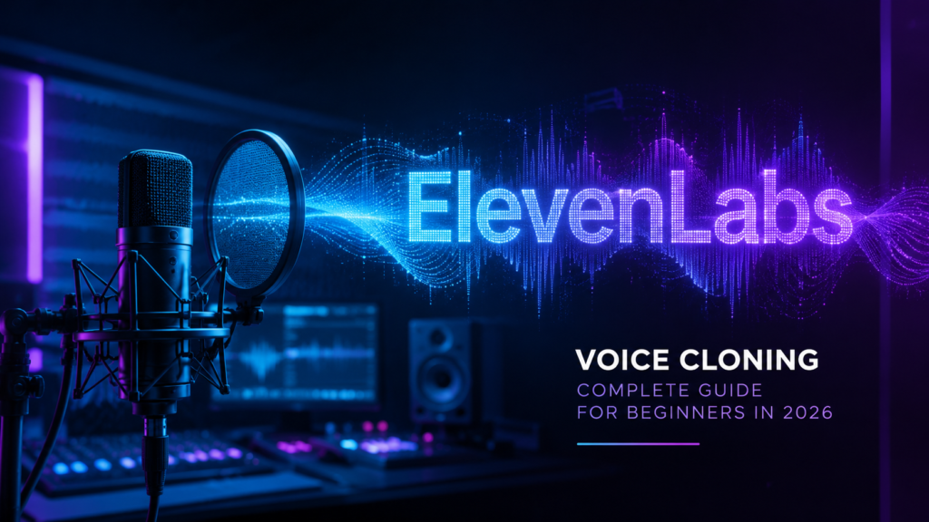 ElevenLabs voice cloning guide 2026 - AI Shortcut LAB blog featured image showing a futuristic audio studio with microphone, glowing sound waves, and holographic voice clone interface