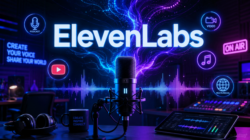 ElevenLabs for podcasting and content creation 2026 - AI Shortcut LAB blog featured image showing a futuristic audio studio with microphone, sound waves, and ElevenLabs branding