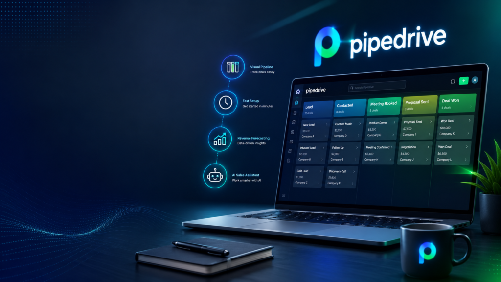 Pipedrive review 2026 - AI Shortcut LAB blog featured image showing a laptop with sales pipeline board and Pipedrive branding