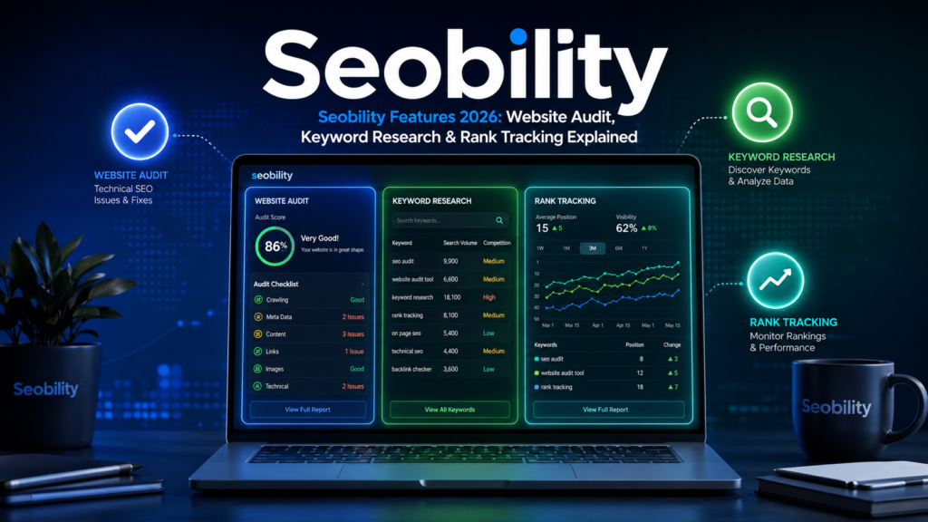 Seobility features 2026 - AI Shortcut LAB blog featured image showing laptop with website audit, keyword research, and rank tracking dashboard