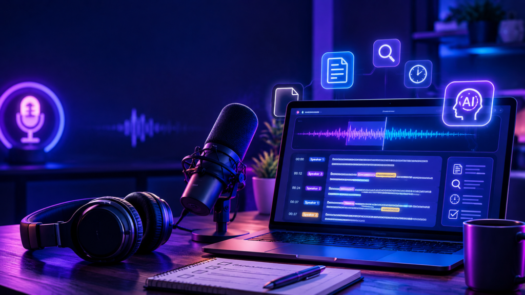 Top AI podcast transcription tools 2026 - AI Shortcut LAB blog featured image showing a podcast microphone with sound waves transforming into text on a laptop screen, representing AI transcription and show notes