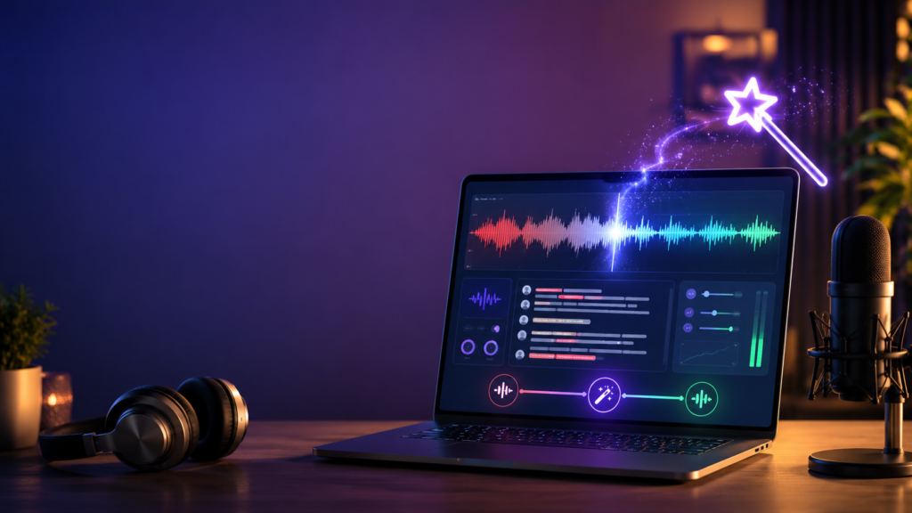 How to edit podcast audio with AI 2026 - AI Shortcut LAB blog featured image showing laptop with audio waveform being edited by glowing AI assistant icon