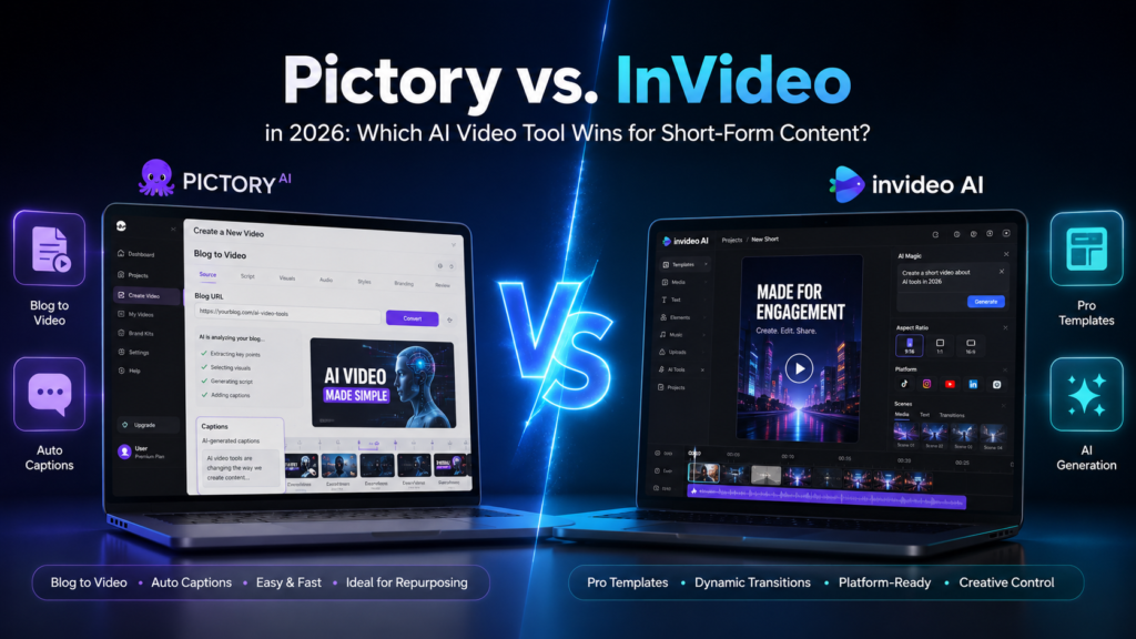 Pictory vs InVideo comparison 2026 - AI Shortcut LAB blog featured image showing split-screen comparison of AI video tools with VS symbol